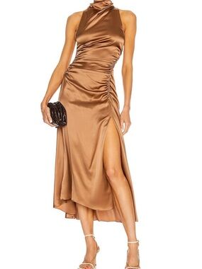 A.L.C. Copper Satin High-Neck High-Low Dress with Side Ruche